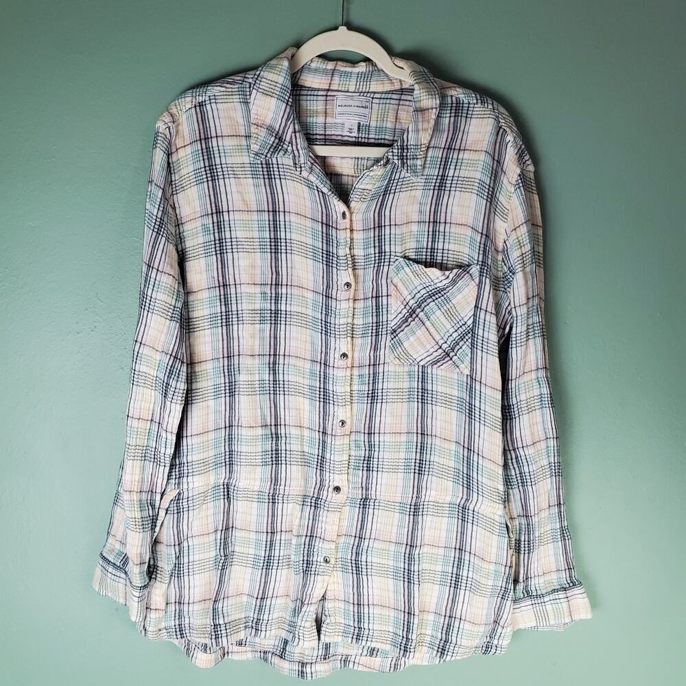 Melrose and Market Womens Plaid Gauze Button Down Shirt Size Large